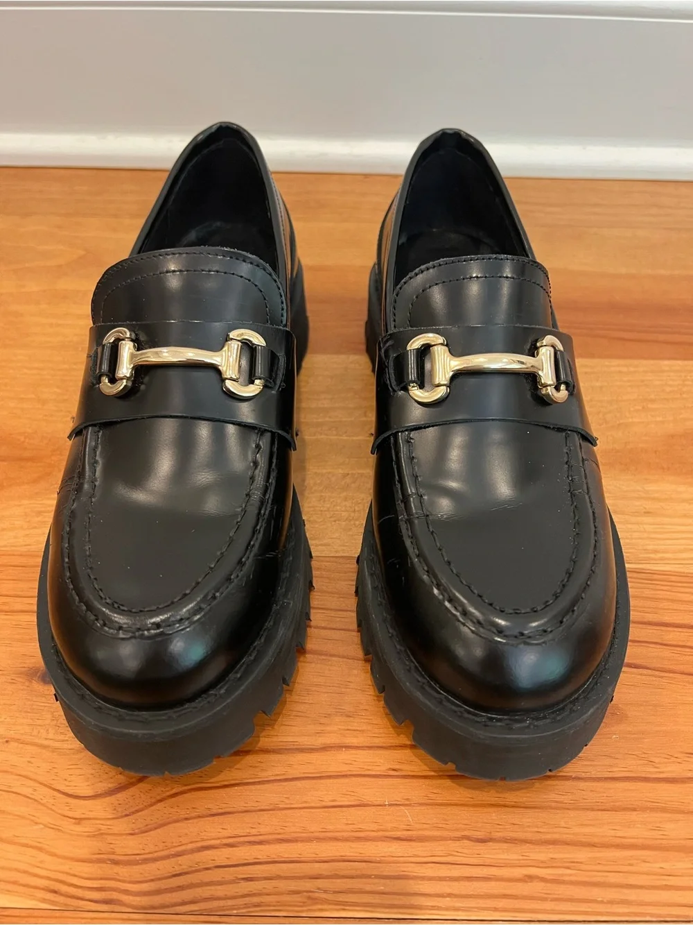 Steve Madden Lando Shoes Womens 8M Black Leather Chunky Lug Horsebit Loafers NEW